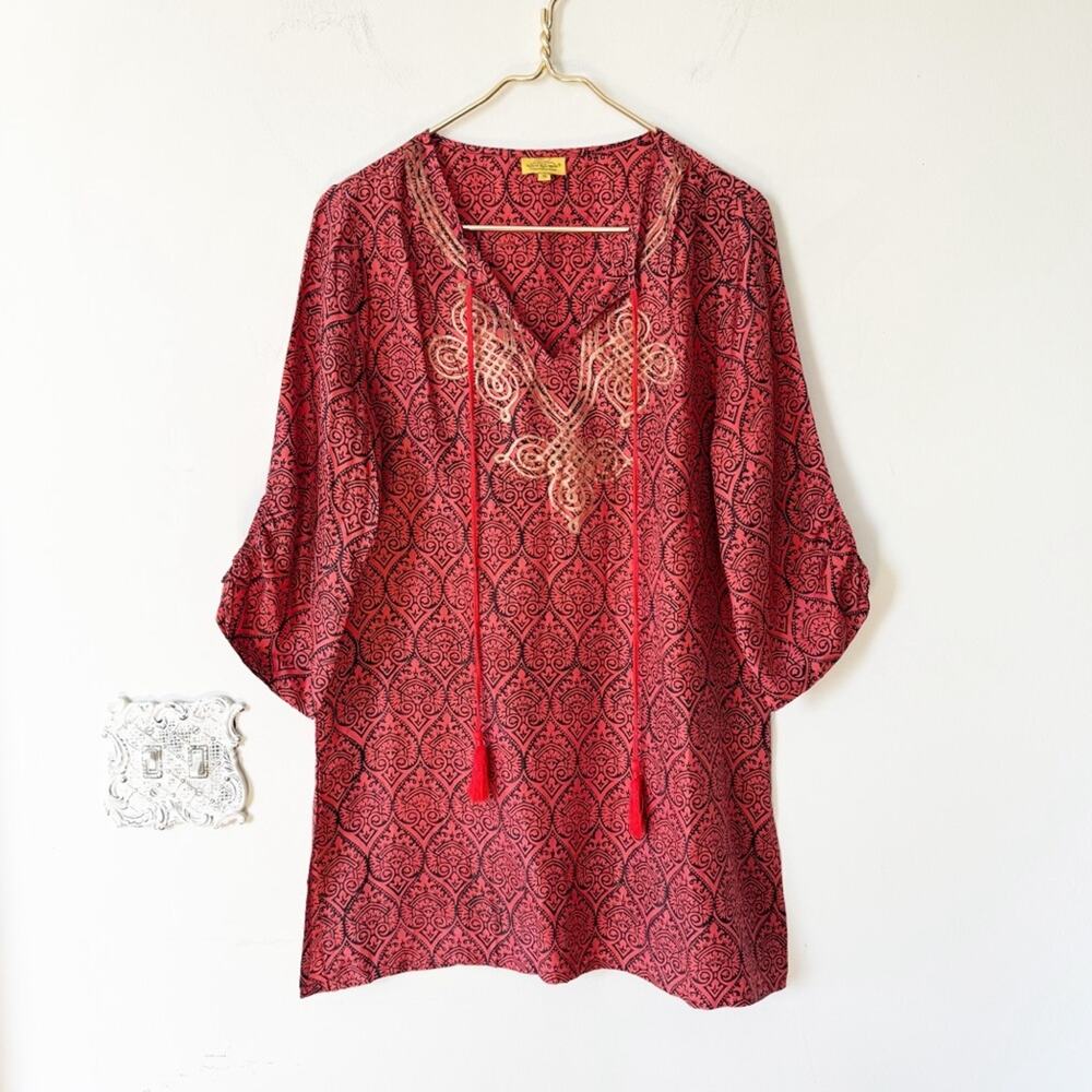 Roberta Roller Rabbit Red Patterned V‑Neck Tunic with Tassels